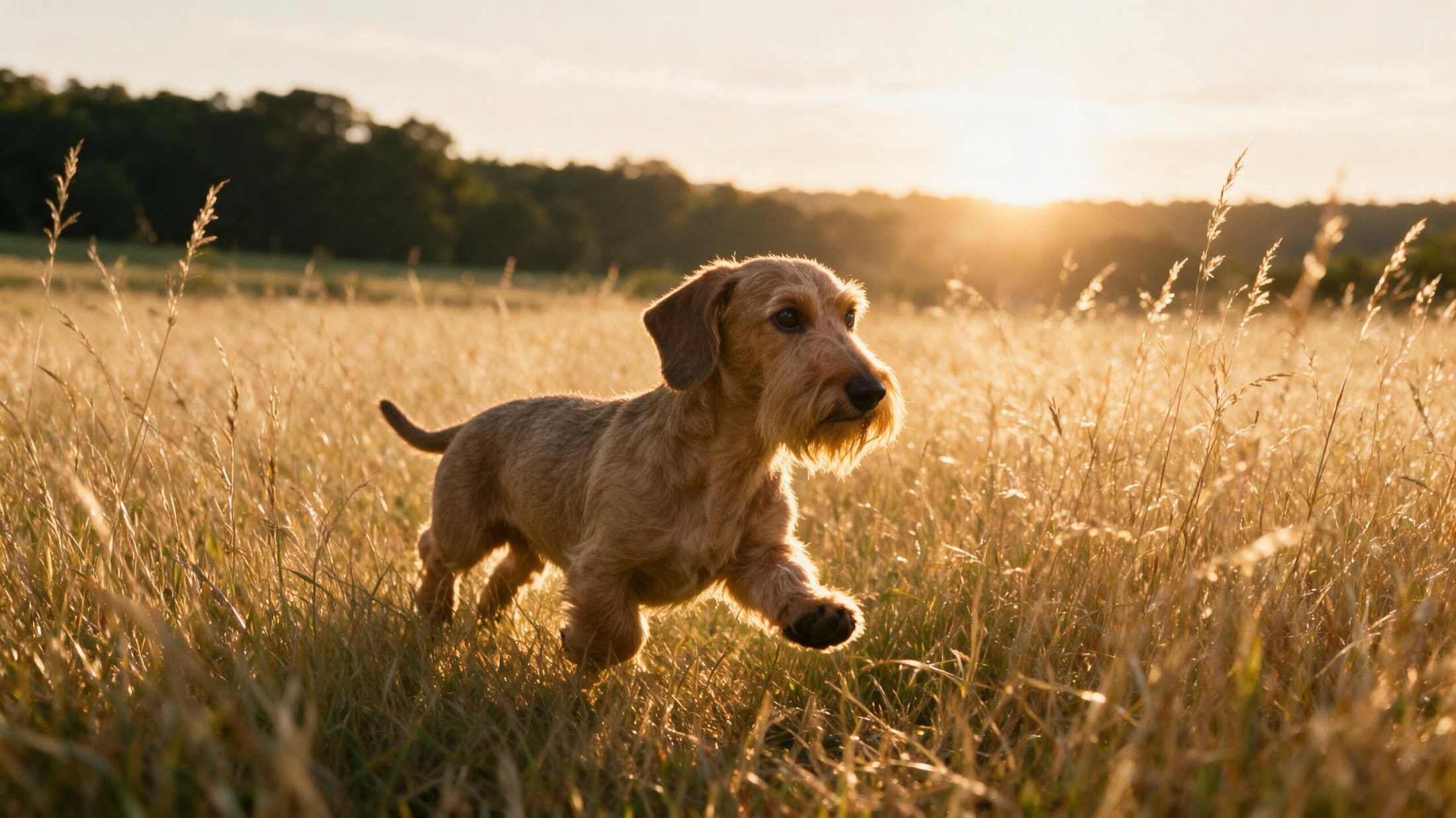 A wirehaired dachshund trotting through tall golden grass at sunset
