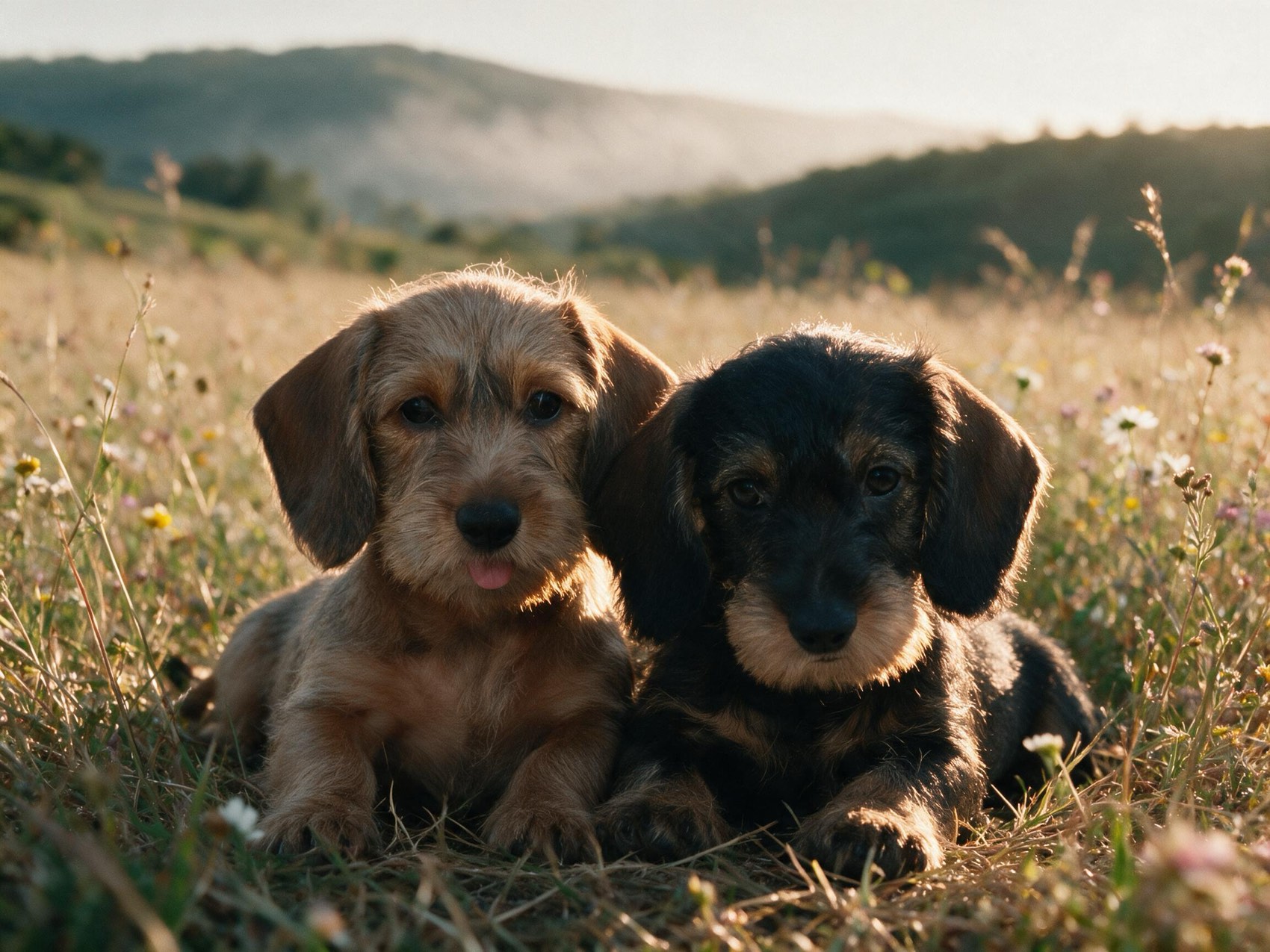 Two wirehaired dachshund puppies resting side by side in a flowering meadow, hills softening into the distance.
