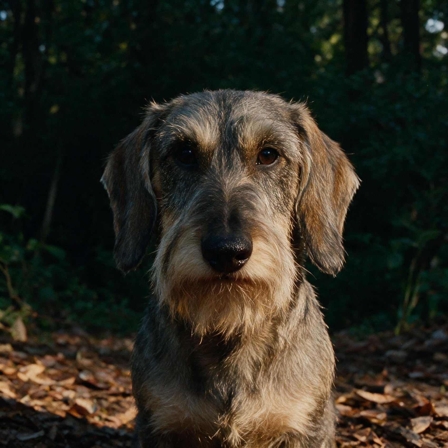 A veteran wirehaired dachshund at dusk, grey at the muzzle, watching calmly from the edge of the wood