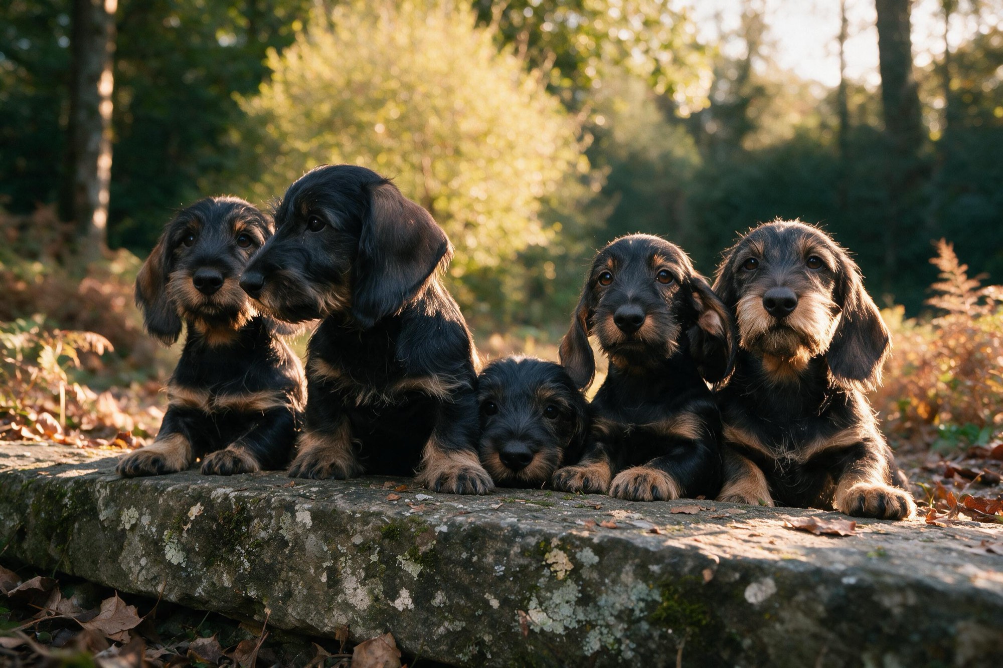 Five wirehaired dachshund puppies gathered on an old mossy stone step in the wood, morning light behind them.
