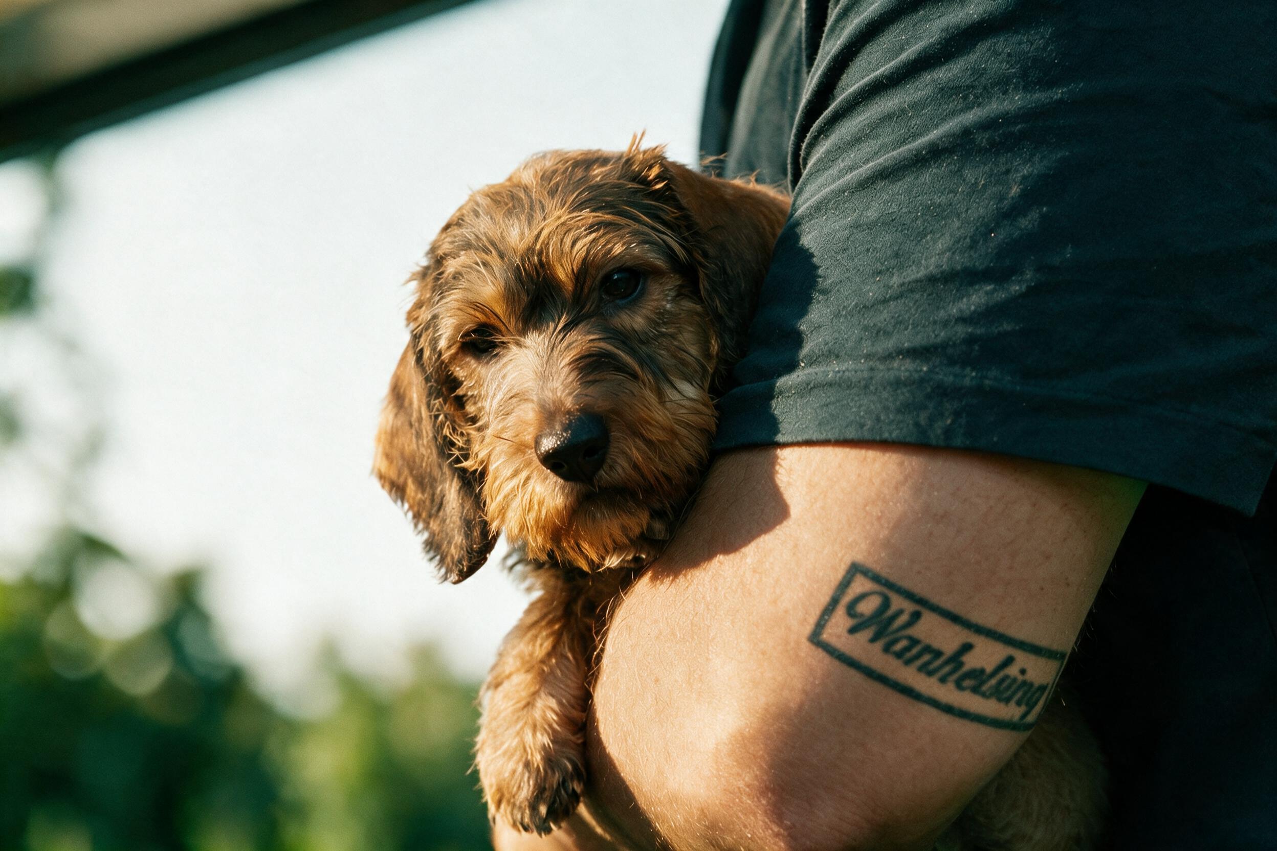 Editorial portrait: a wirehaired puppy resting in the crook of Gabriel's arm, the kennel's name tattooed on the forearm