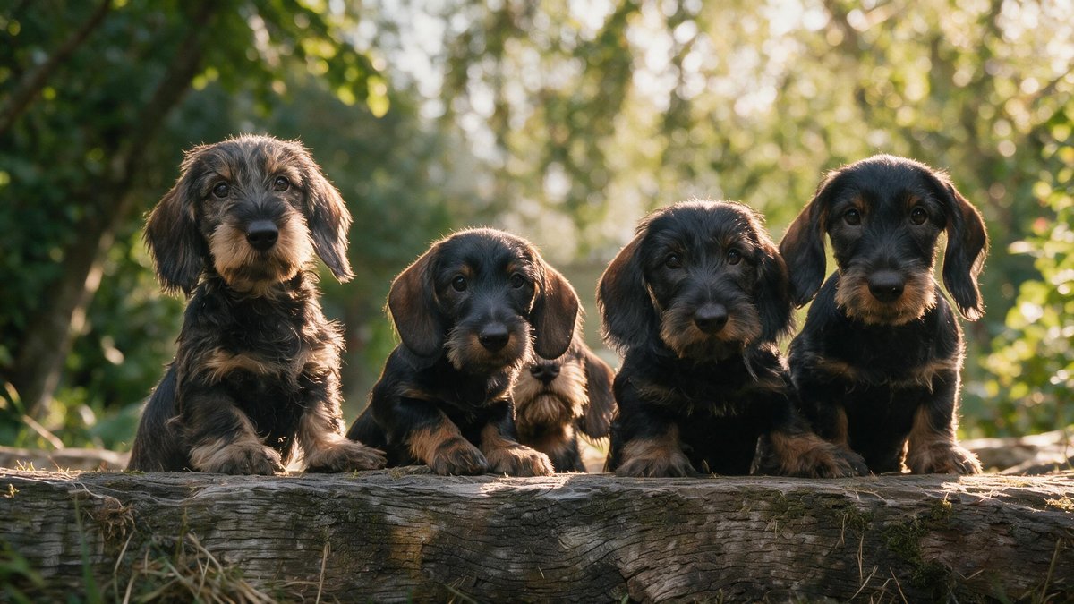 Four wirehaired dachshund puppies in a row on a fallen log, golden evening light
