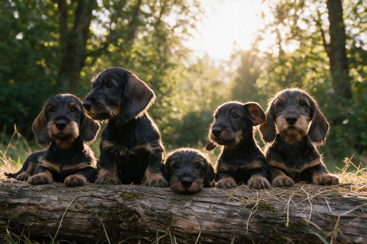 Five wirehaired dachshund puppies resting along a fallen log, backlit by low sun through the trees