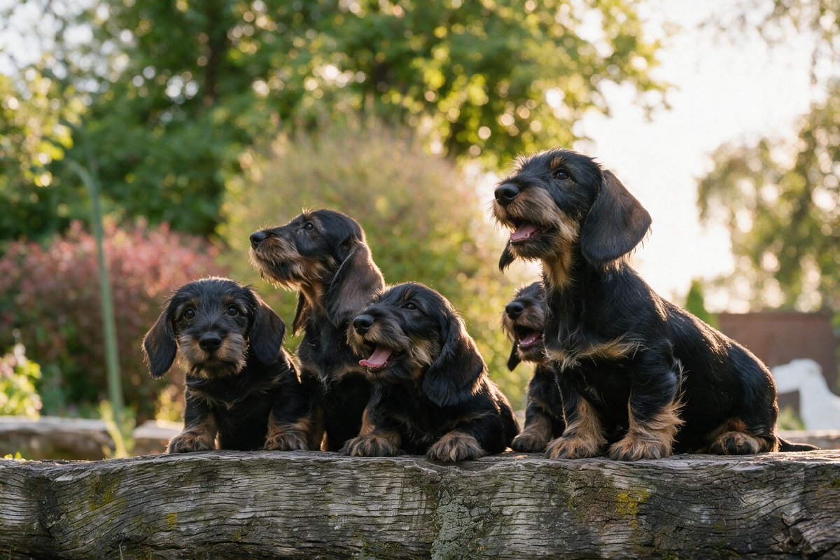 Five wirehaired dachshund puppies gathered on a log, one mid-yawn, garden greenery behind
