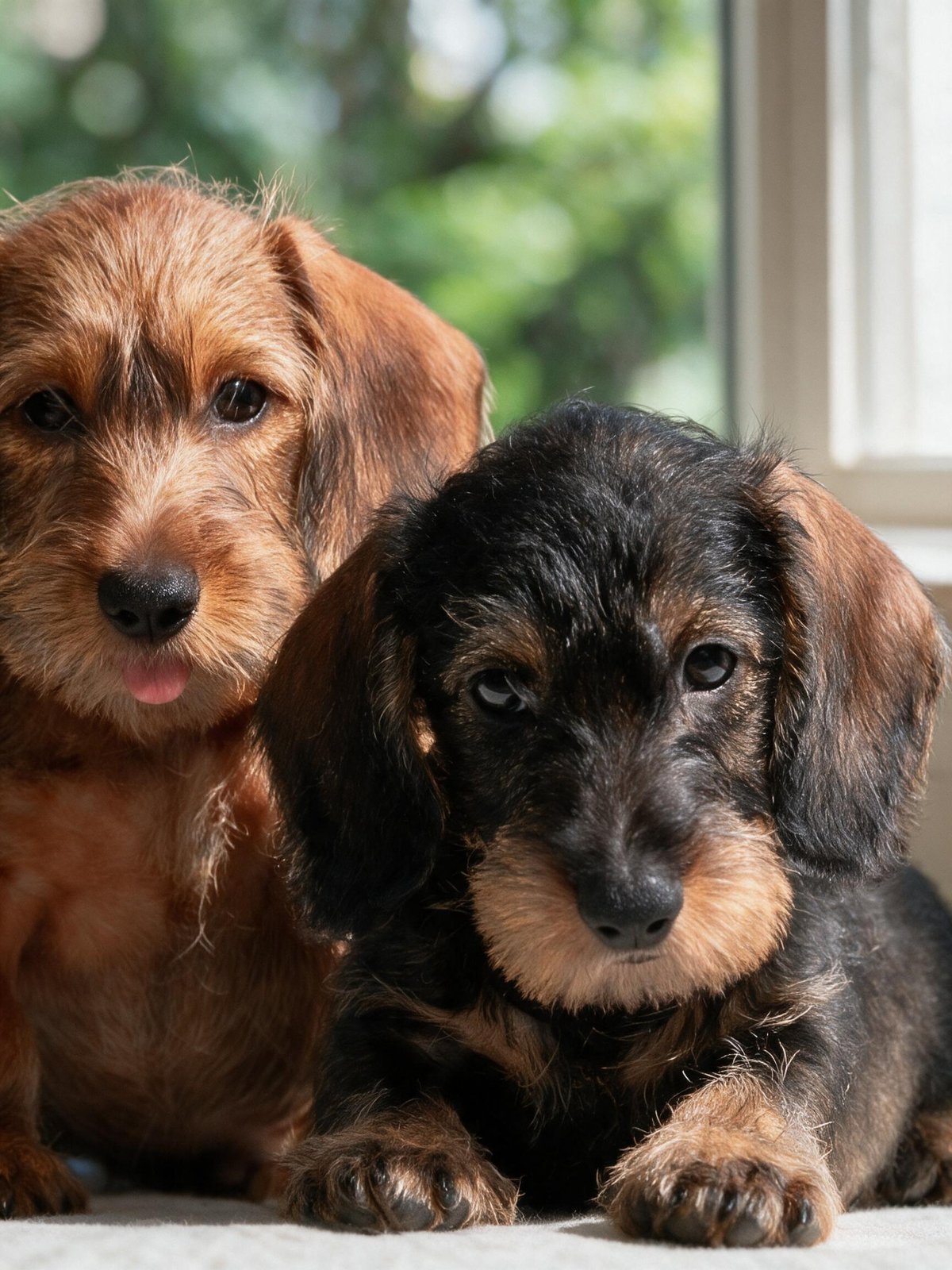 Two dachshund puppies cheek to cheek by a window, one red with its tongue just showing, one black-and-tan
