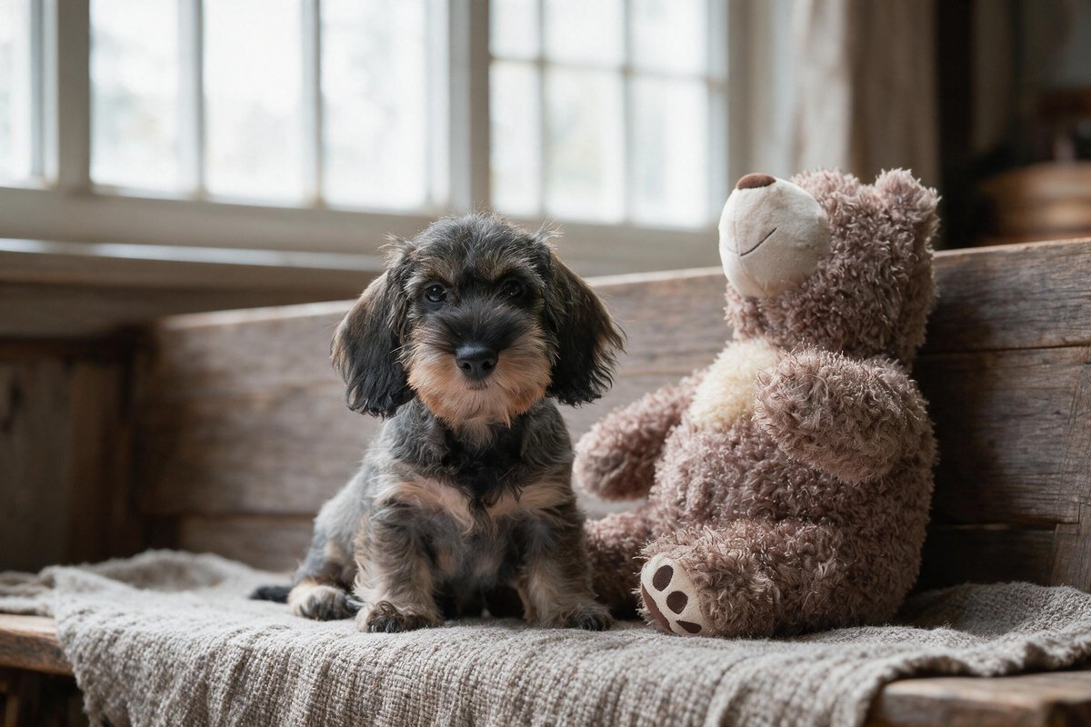 A dachshund puppy sitting beside a plush teddy bear on a knitted throw, windows behind