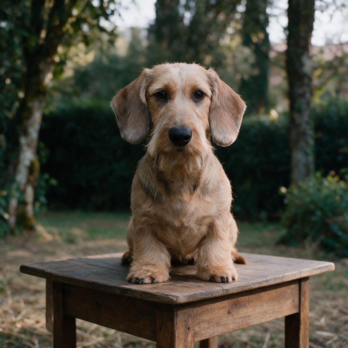 A pale wheaten wirehaired dachshund sitting on a wooden table in the garden, facing the camera