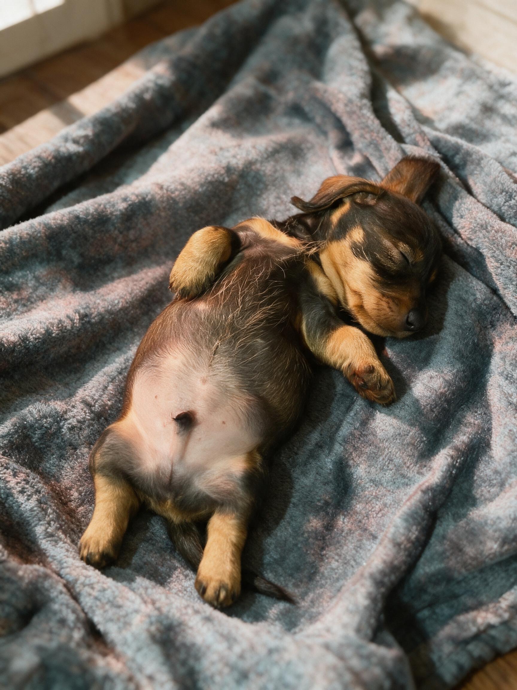 A newborn dachshund puppy asleep on a soft blanket in warm light