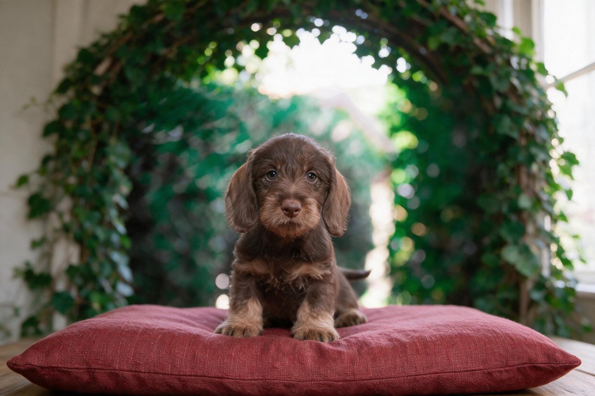 A chocolate dachshund puppy sitting on a deep-red cushion beneath an arch of ivy