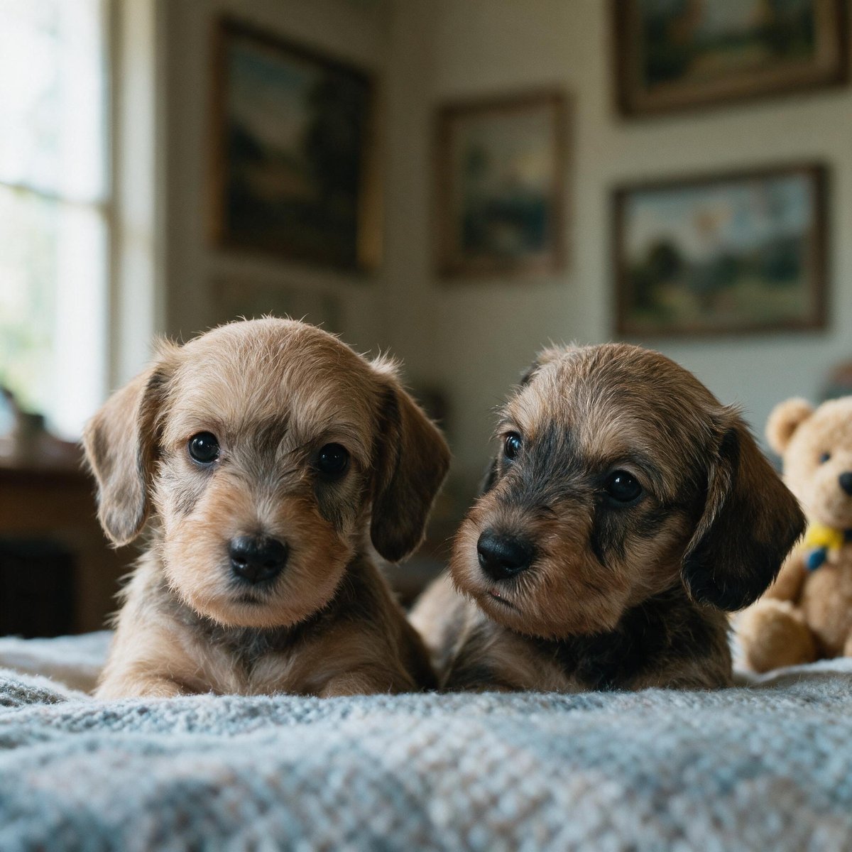 Two dachshund puppies side by side on a blanket, a teddy bear and small framed landscapes behind