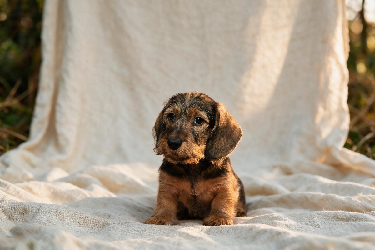 A wild-boar wirehaired dachshund puppy sitting on draped ivory linen