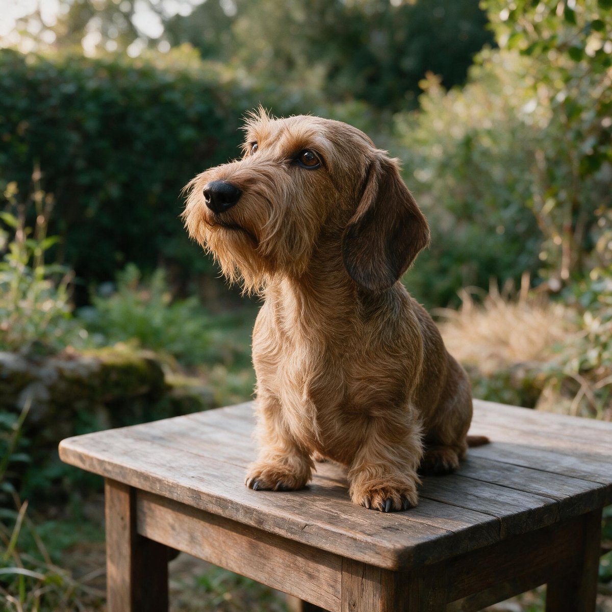 A red wirehaired dachshund sitting on a weathered wooden table, gazing off to the left