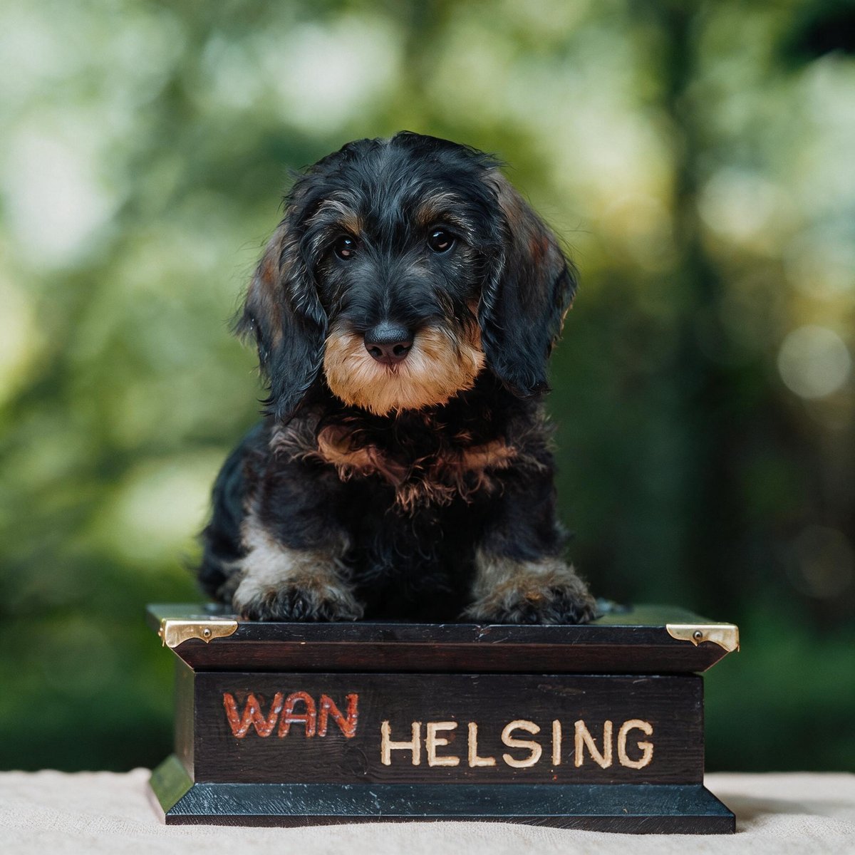 A black-and-tan dachshund puppy sitting on a dark wooden box lettered WAN HELSING