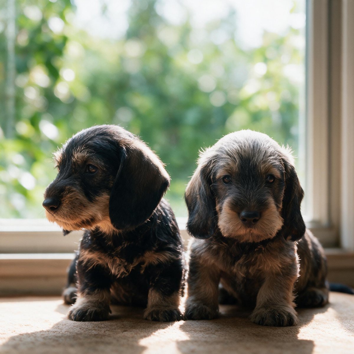 Two wire-coated puppies backlit at a window, one in profile, one facing the camera