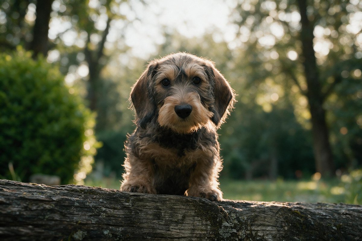 A young wirehaired dachshund sitting alone on a mossy log, garden trees softening behind