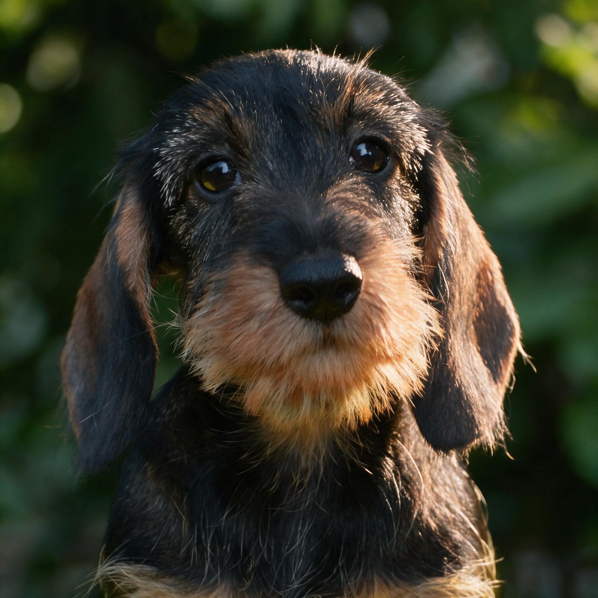 Close portrait of a black-and-tan wirehaired dachshund, low sun catching the beard