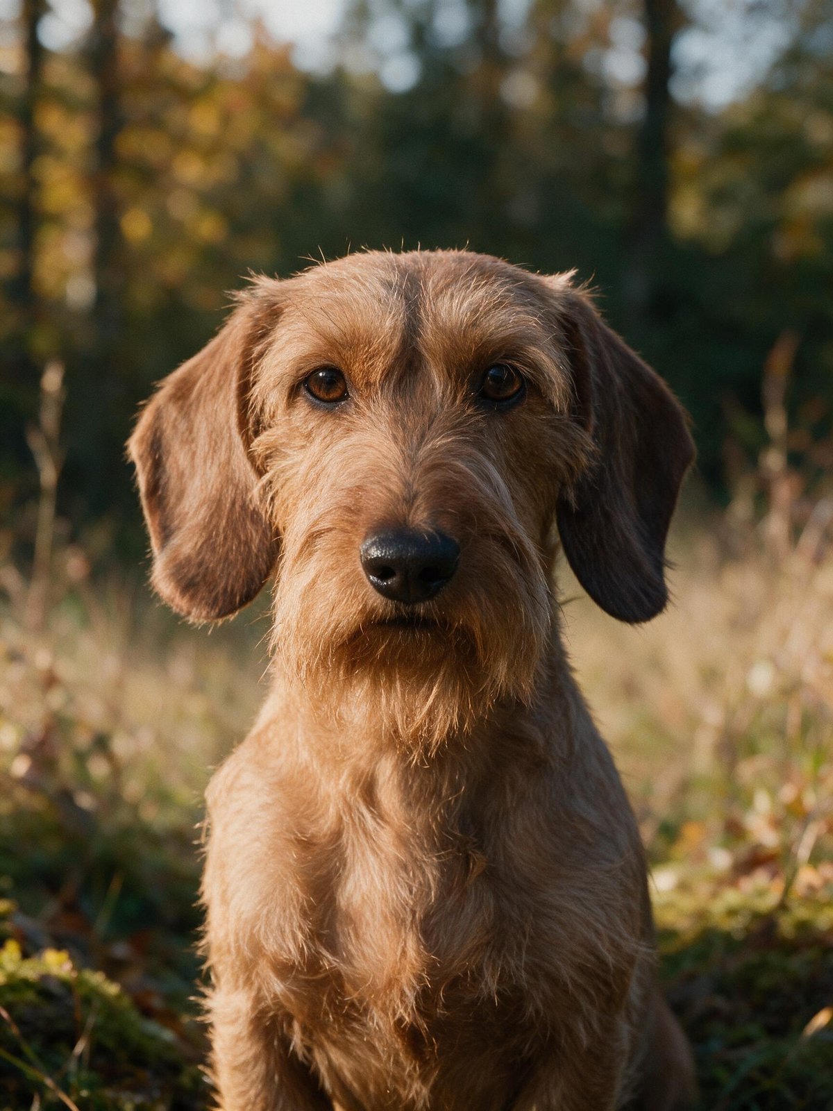 A red wirehaired dachshund facing the camera against autumn tones