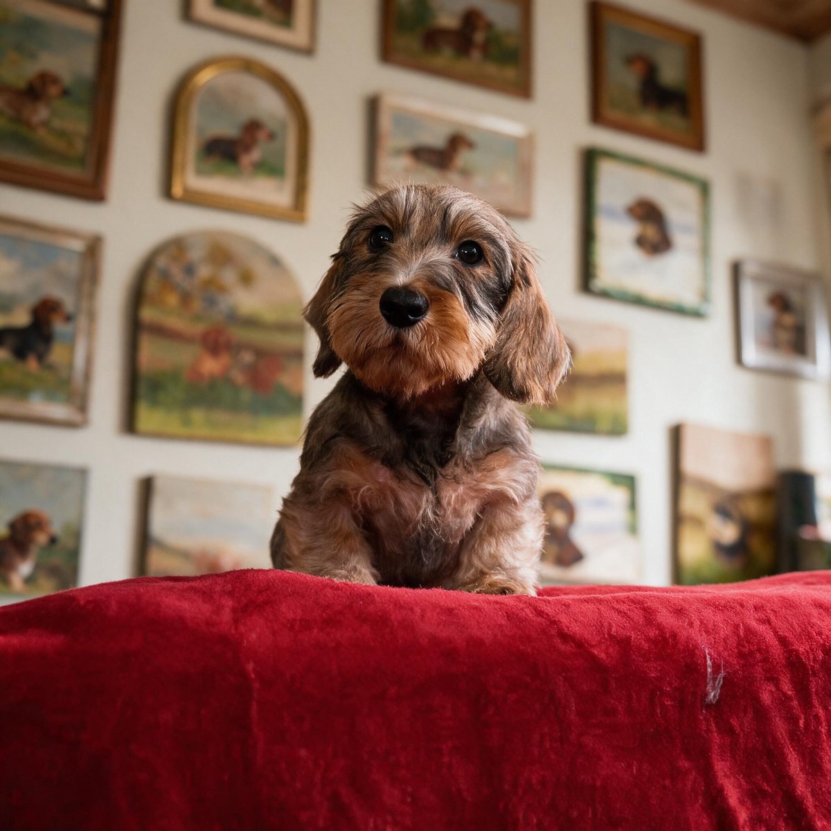 A small chocolate dachshund resting on a red velvet chair back, a wall of framed dachshund paintings behind