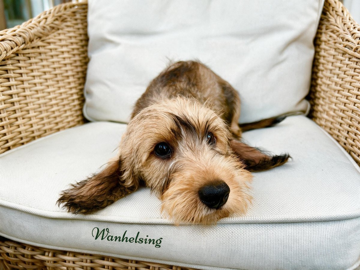 A young dachshund resting on a wicker chair, chin over the edge of a cushion embroidered Wanhelsing