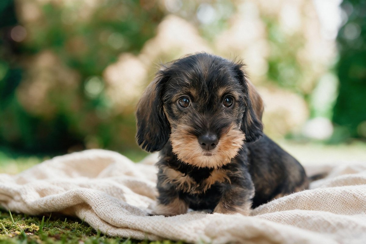 A black-and-tan dachshund puppy lying on a woven linen blanket spread over the lawn