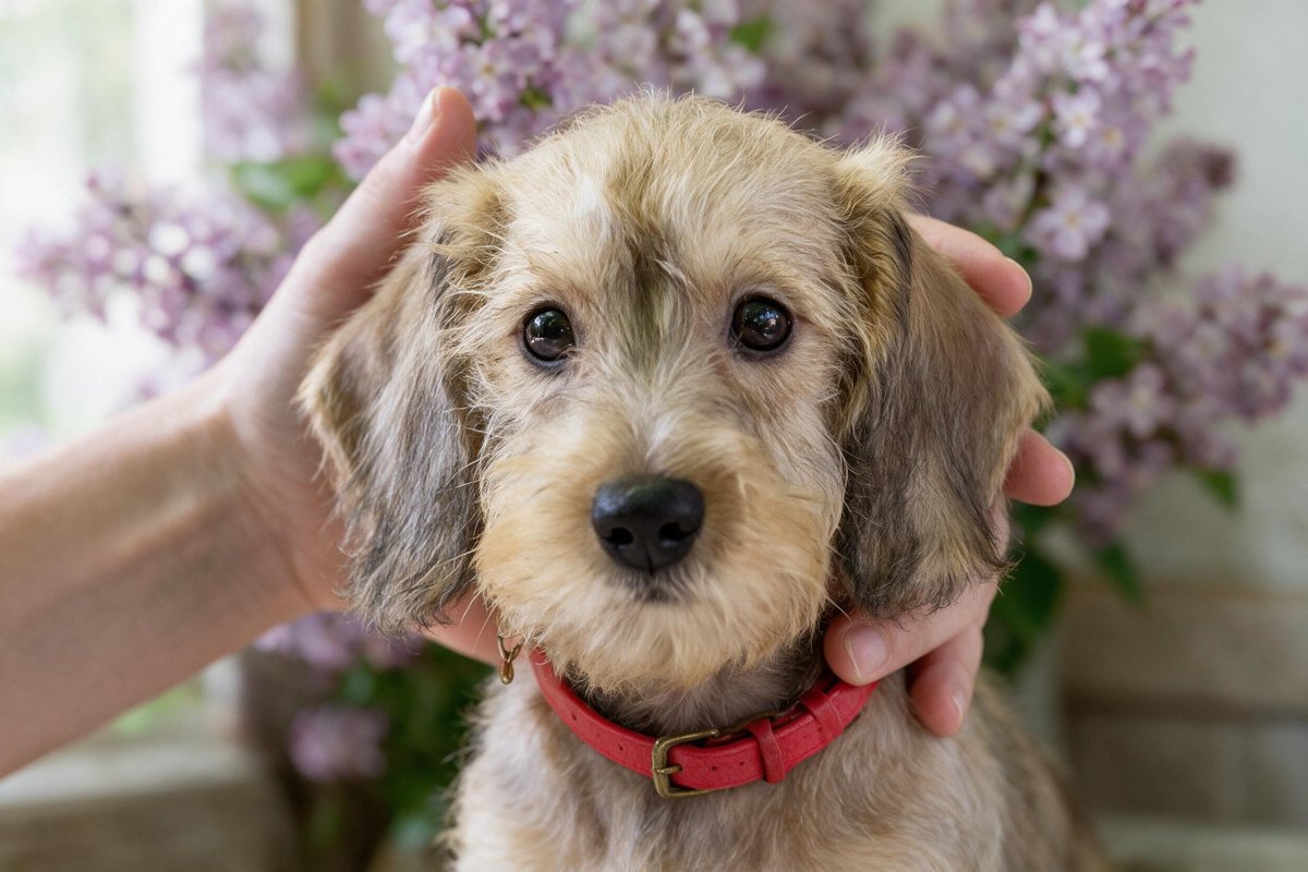 A wheaten dachshund with a coral-red collar held gently in its owner’s hands, lilac blooming behind