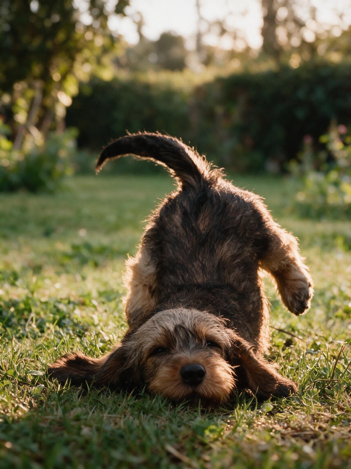 A wirehaired dachshund puppy mid-tumble in the grass, tail up, nose buried