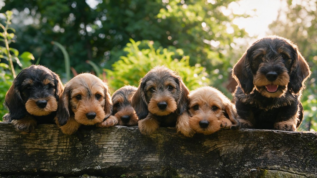 Five wirehaired dachshund puppies and one adult resting their paws in a row along a weathered fence rail
