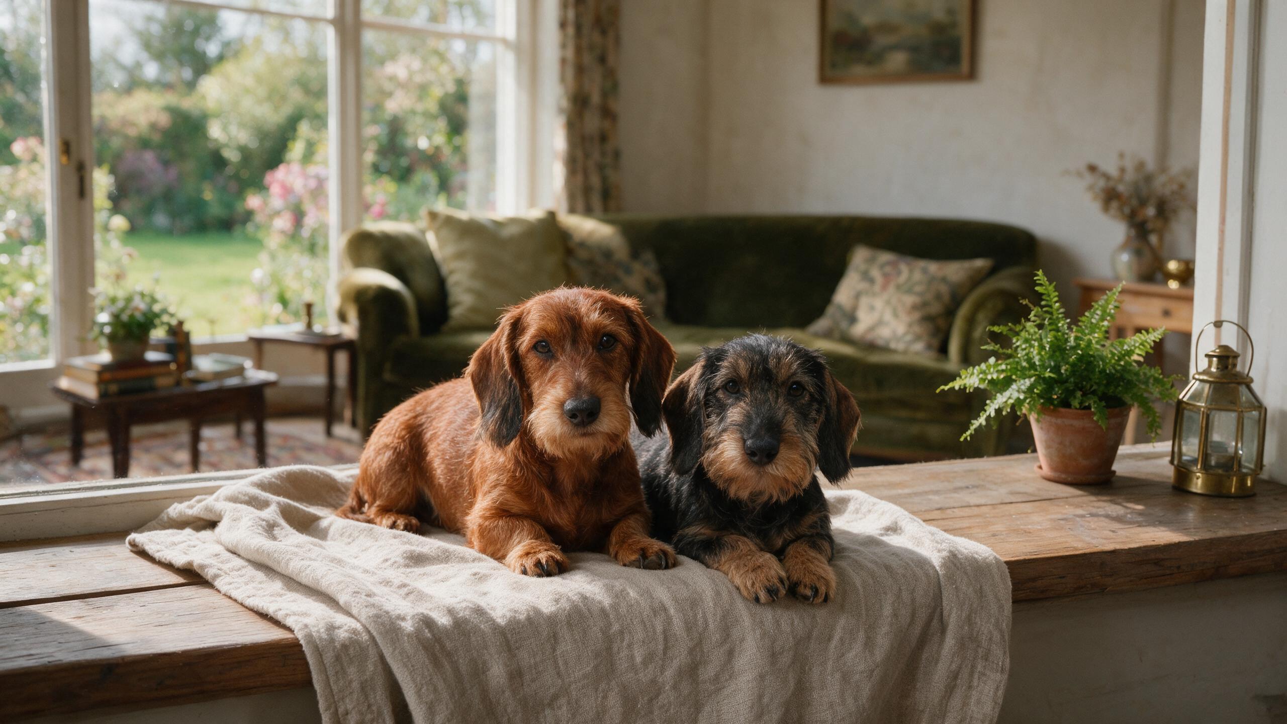 Two wirehaired dachshunds — one red, one wild boar — resting together on a linen throw in a sunlit family sitting room