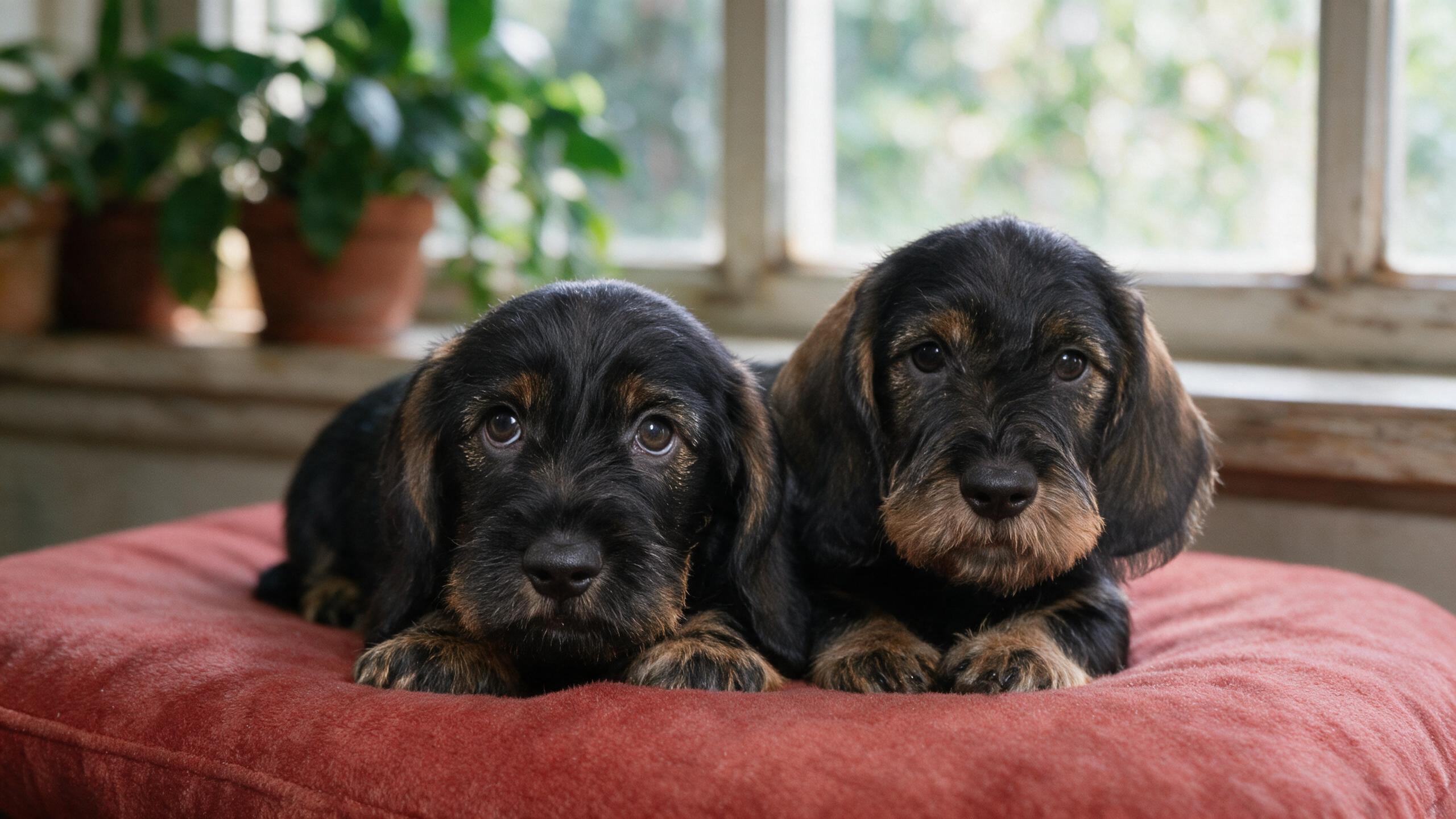 Two wirehaired dachshund puppies lying side by side on a red cushion below a window