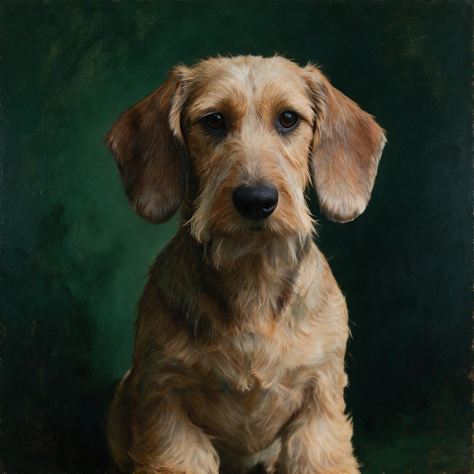 Portrait of a wheaten wirehaired dachshund looking straight at the camera