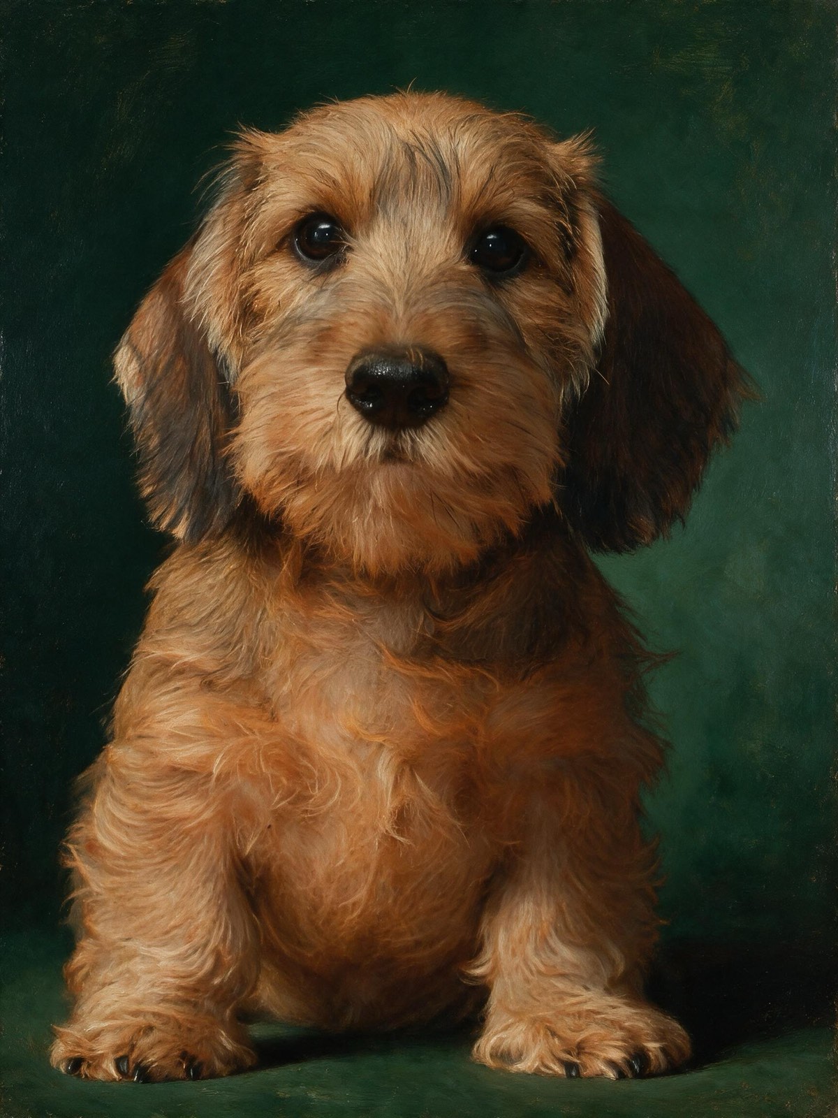 Portrait of Thor del Wanhelsing, a red wirehaired dachshund with softly folded ears
