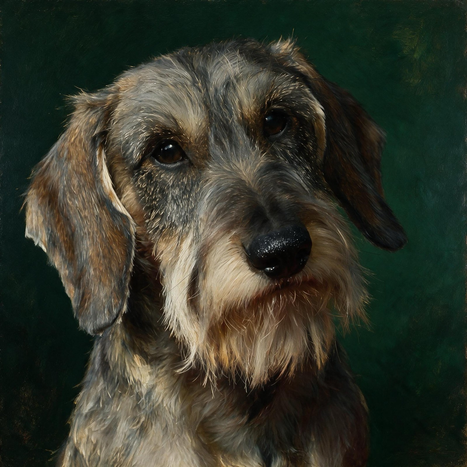 Portrait of a boar-grey wirehaired dachshund with a level, patient gaze