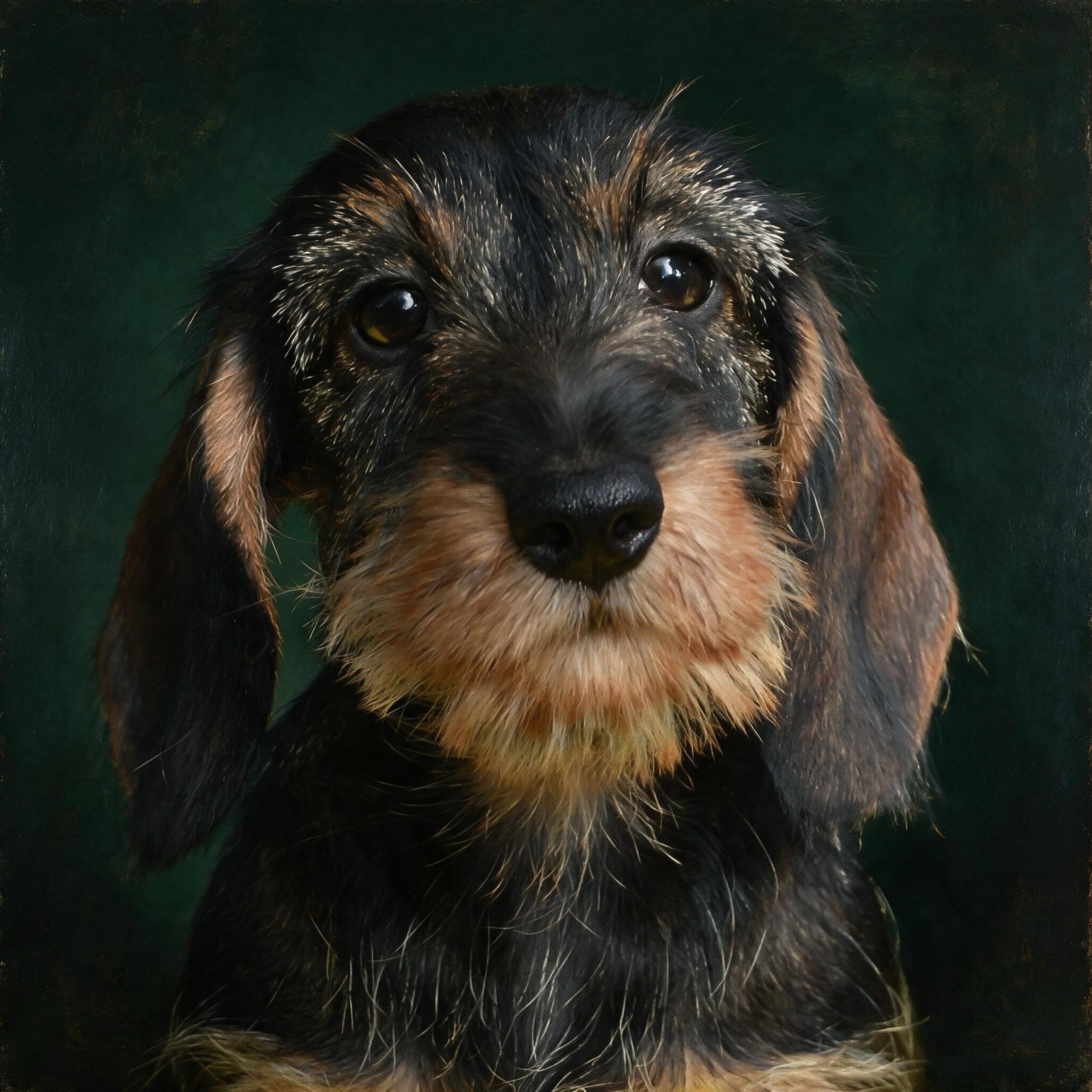 Portrait of a young black-and-tan wirehaired dachshund facing forward with bright dark eyes