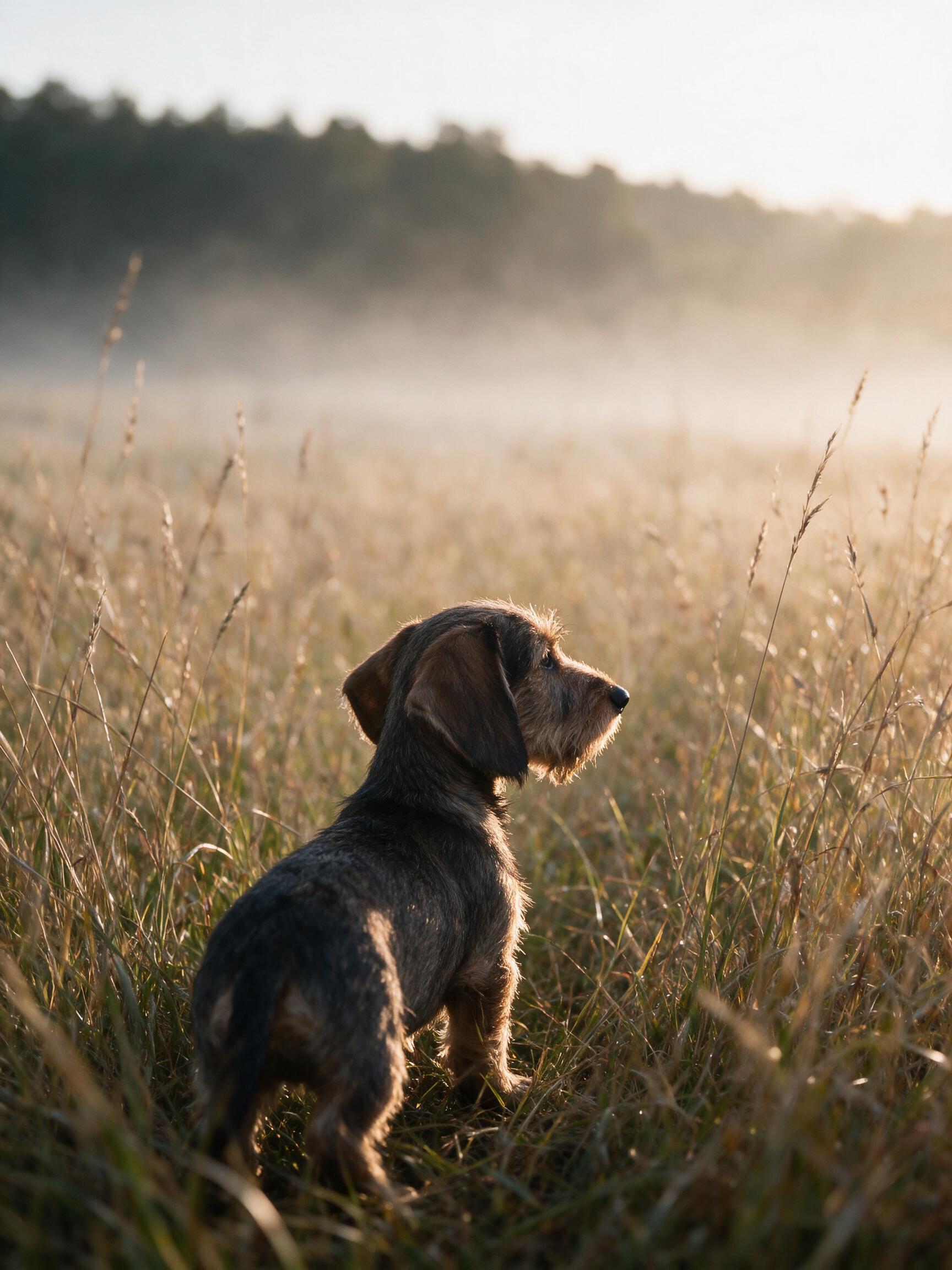 A young wirehaired dachshund standing in tall dawn grass, looking away toward the misted light