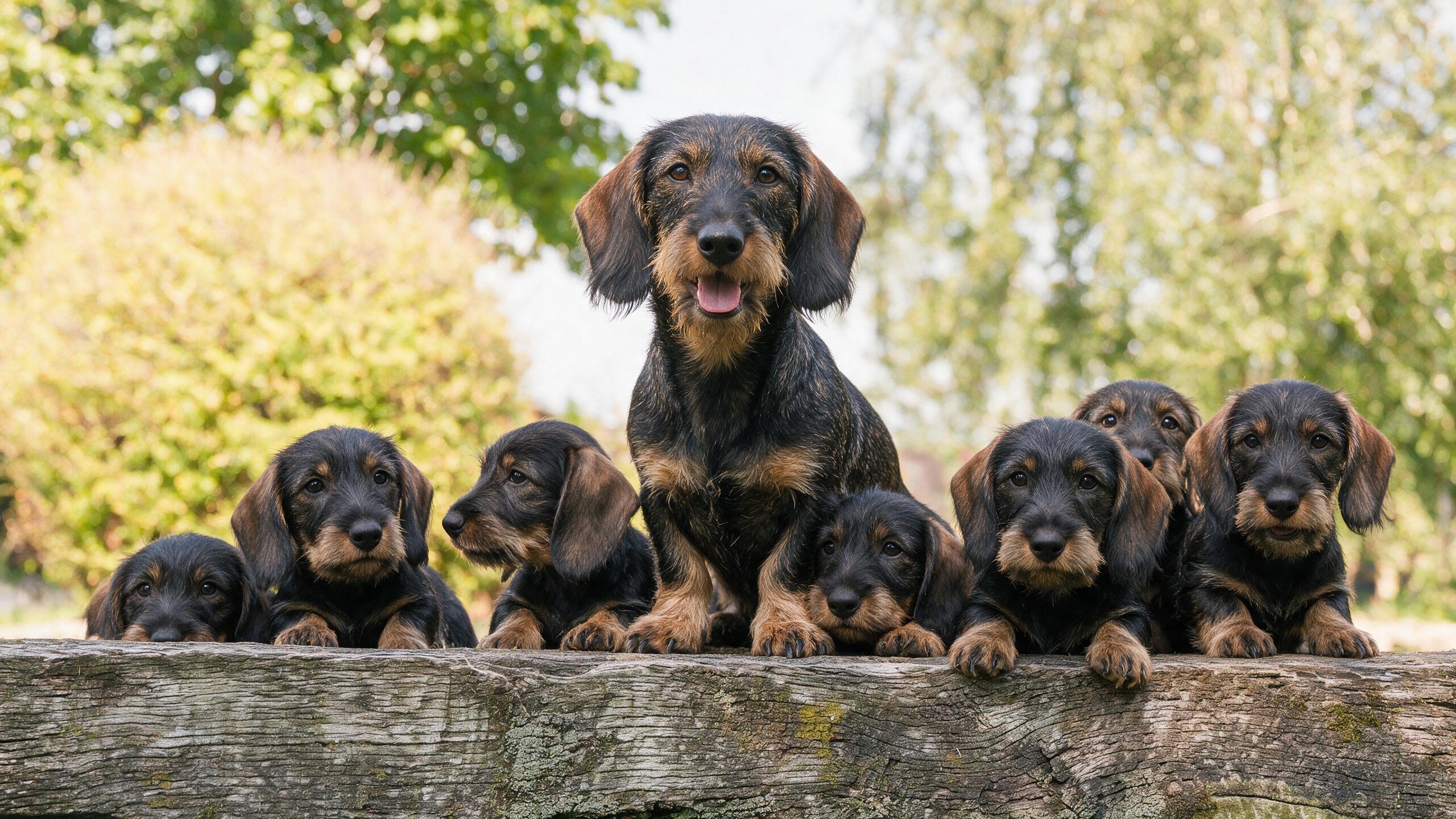 A wirehaired dachshund mother standing tall on a weathered wooden beam, her seven puppies resting in a row along it, garden green behind them.